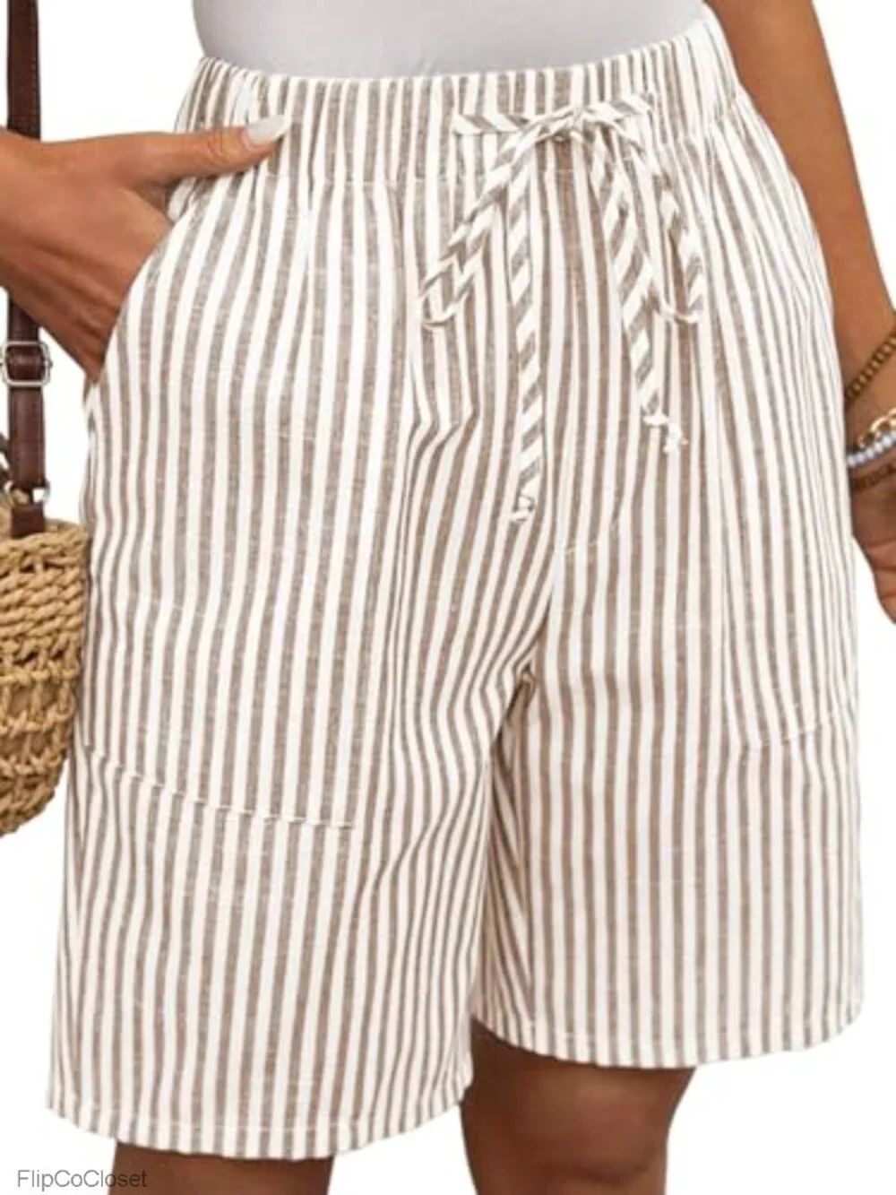 Womens Striped Bermuda Shorts Cotton Linen Drawstring Summer Beach Vacation